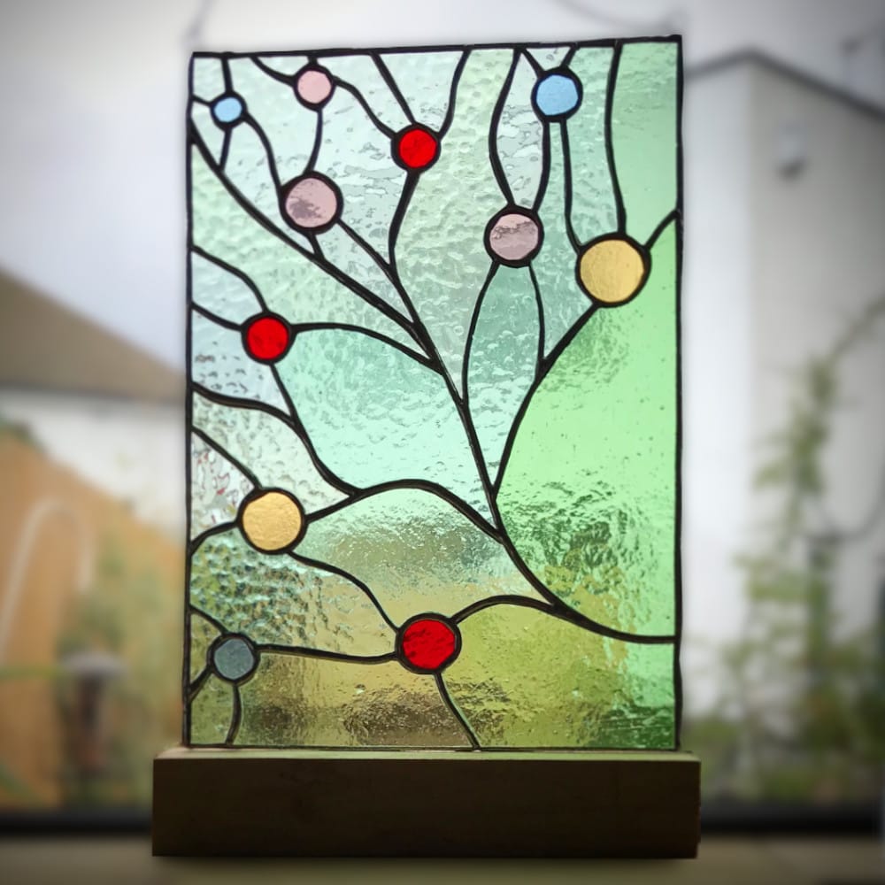 stained glass with lines and circles design