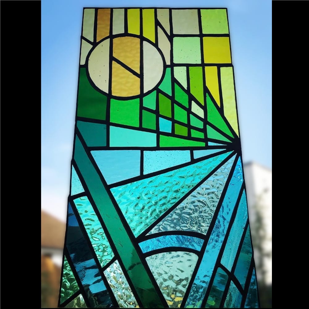 stained glass with lines and circles design