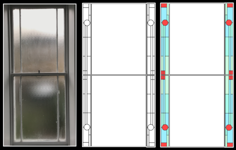 three images a window and two glass design sheets