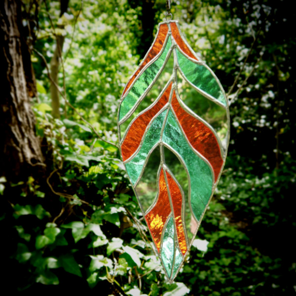 stained glass leaf in garden